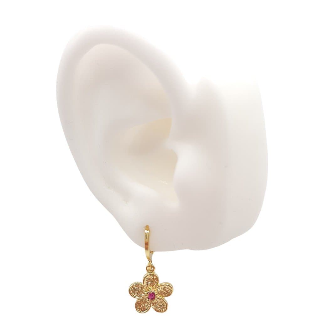 Brinco Argolinha Click Com Flor Cravejada miniatura 2