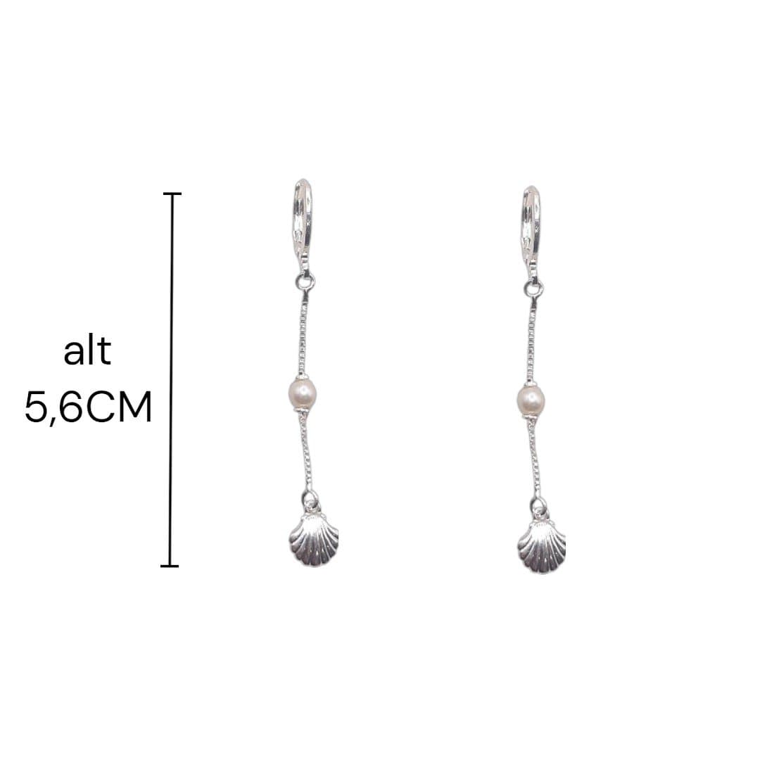 Brinco Argolinha Click Com 1 Fio De Pérola E Concha