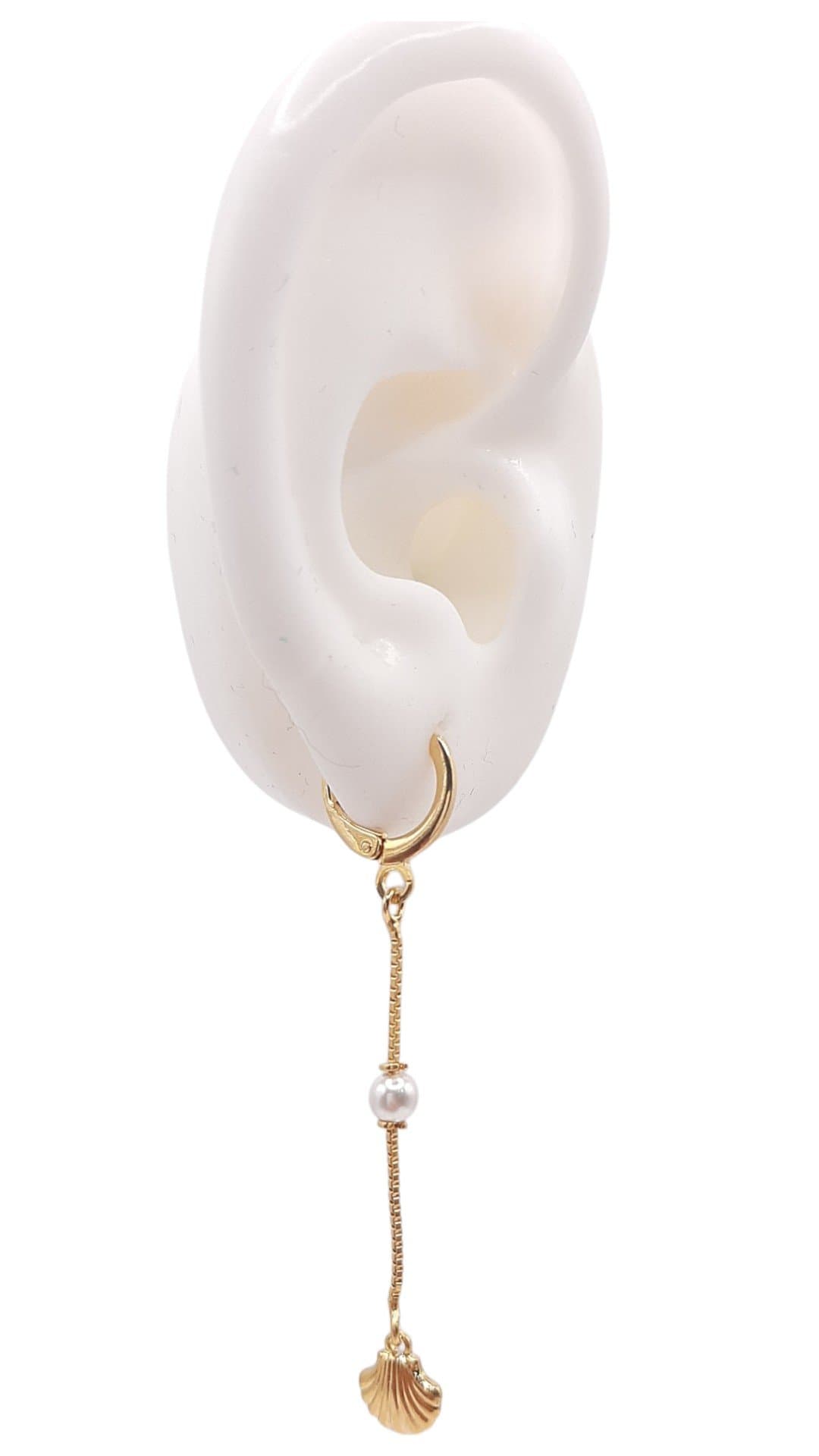 Brinco Argolinha Click Com 1 Fio De Pérola E Concha miniatura 2