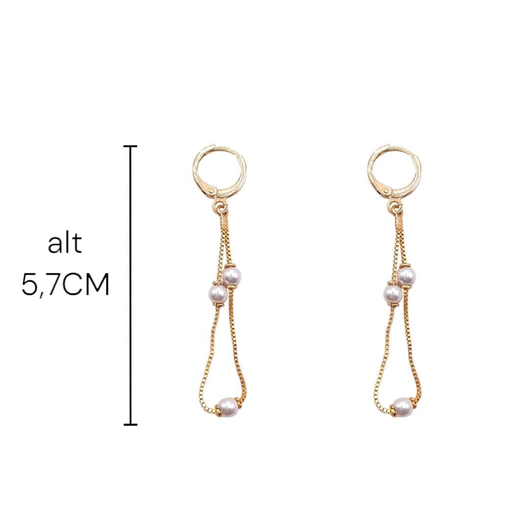 Brinco Argolinha Click Com Corrente De Pérola