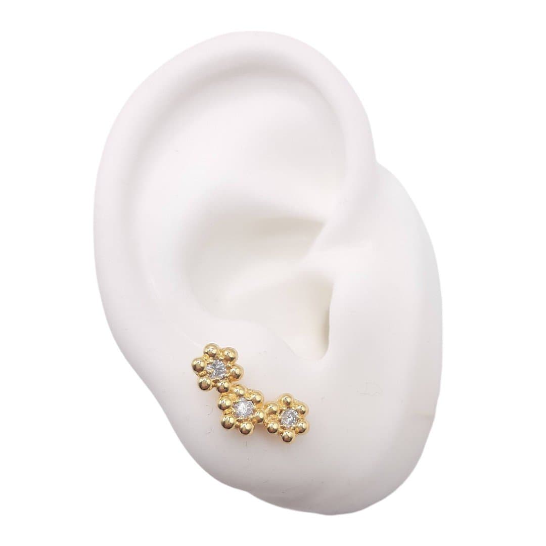 Brinco Ear Cuff 3 Flores Com Pedra Cravejada miniatura 2