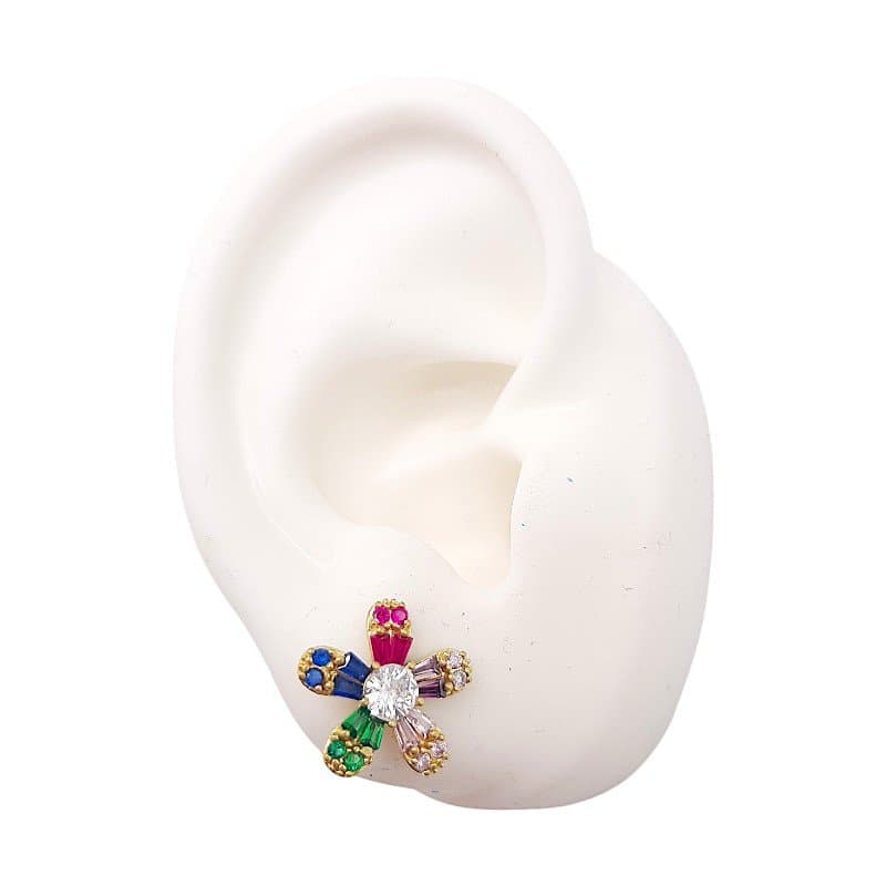 Brinco Flor Cravejada Com Baguetes Colridas miniatura 3